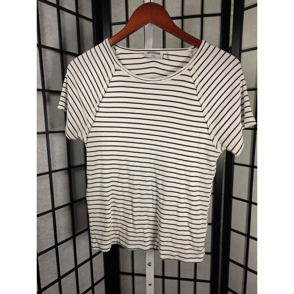 90s vibe LNA Clothing‎ Womens Ribbed Striped Raglan Top Cream Blue Medium